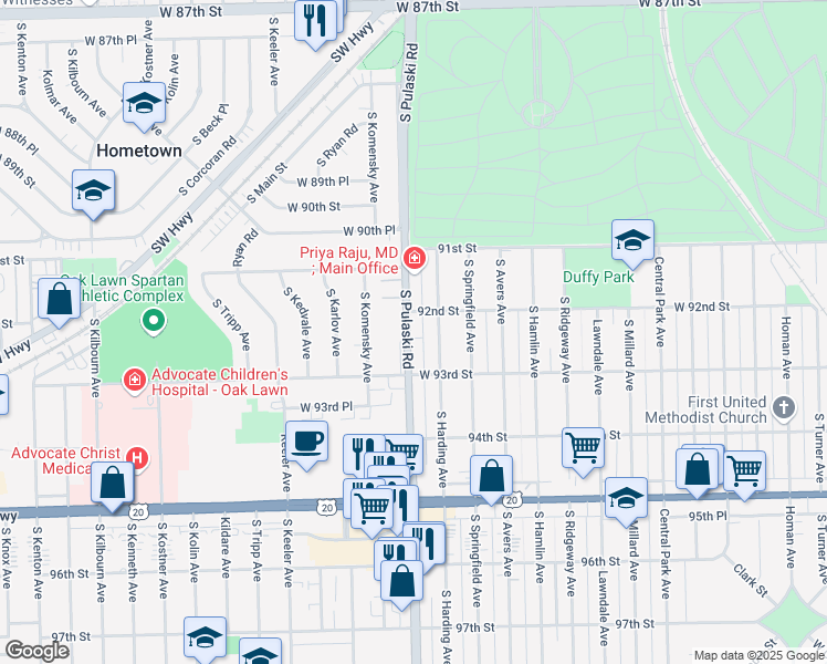 map of restaurants, bars, coffee shops, grocery stores, and more near 9219 South Pulaski Road in Evergreen Park