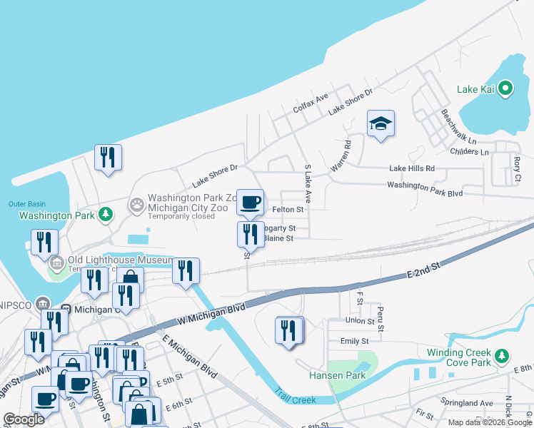 map of restaurants, bars, coffee shops, grocery stores, and more near 219 Center Street in Michigan City