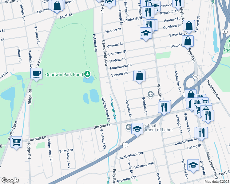 map of restaurants, bars, coffee shops, grocery stores, and more near 50 Folly Brook Boulevard in Wethersfield