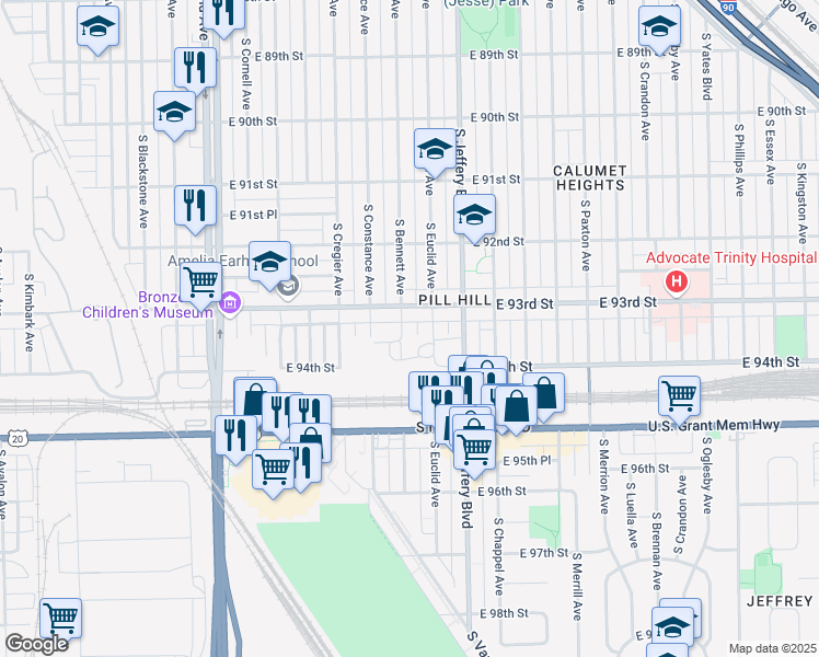map of restaurants, bars, coffee shops, grocery stores, and more near 9319 South Bennett Avenue in Chicago