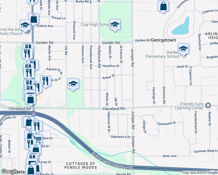map of restaurants, bars, coffee shops, grocery stores, and more near 52882 Marks Street in South Bend