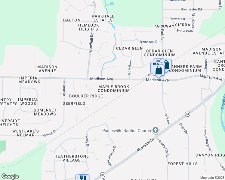 map of restaurants, bars, coffee shops, grocery stores, and more near 404 Maplebrook Drive in Painesville