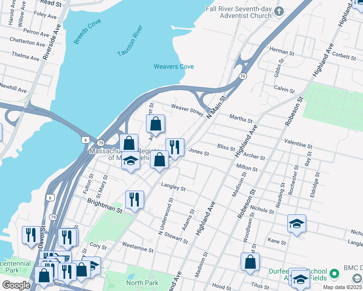 map of restaurants, bars, coffee shops, grocery stores, and more near 1928 North Main Street in Fall River