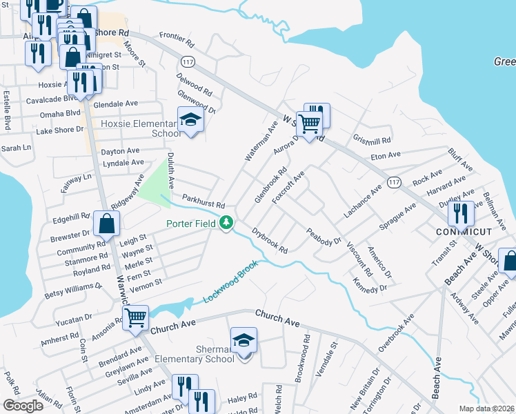 map of restaurants, bars, coffee shops, grocery stores, and more near 118 Glenbrook Road in Warwick
