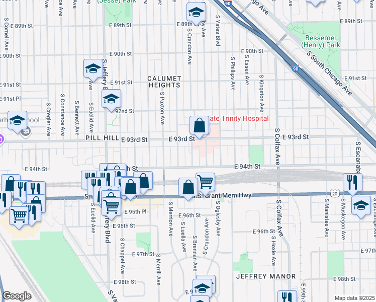 map of restaurants, bars, coffee shops, grocery stores, and more near 9322 S Crandon Ave in Chicago