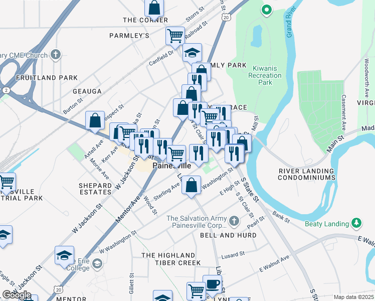 map of restaurants, bars, coffee shops, grocery stores, and more near 71 North Park Place in Painesville