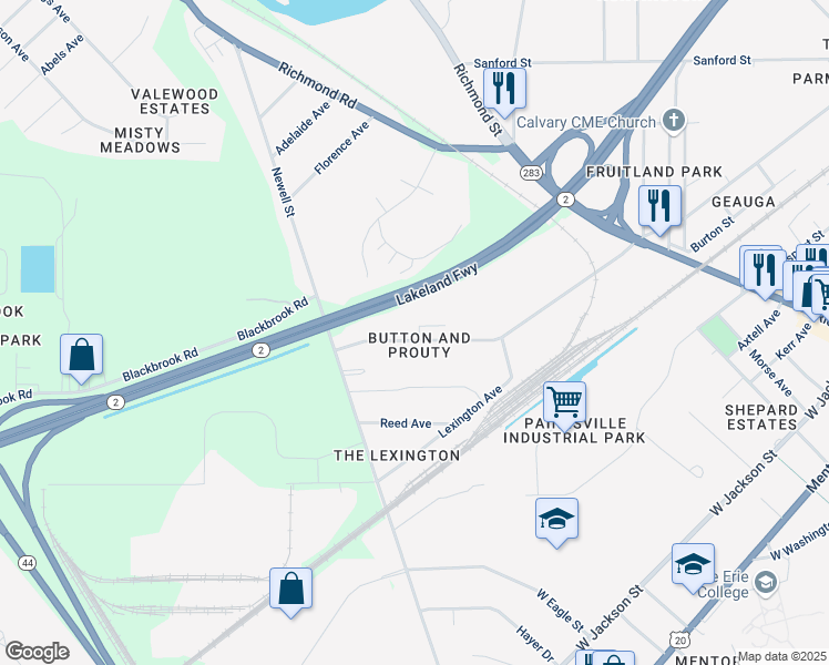 map of restaurants, bars, coffee shops, grocery stores, and more near 364 Button Avenue in Painesville