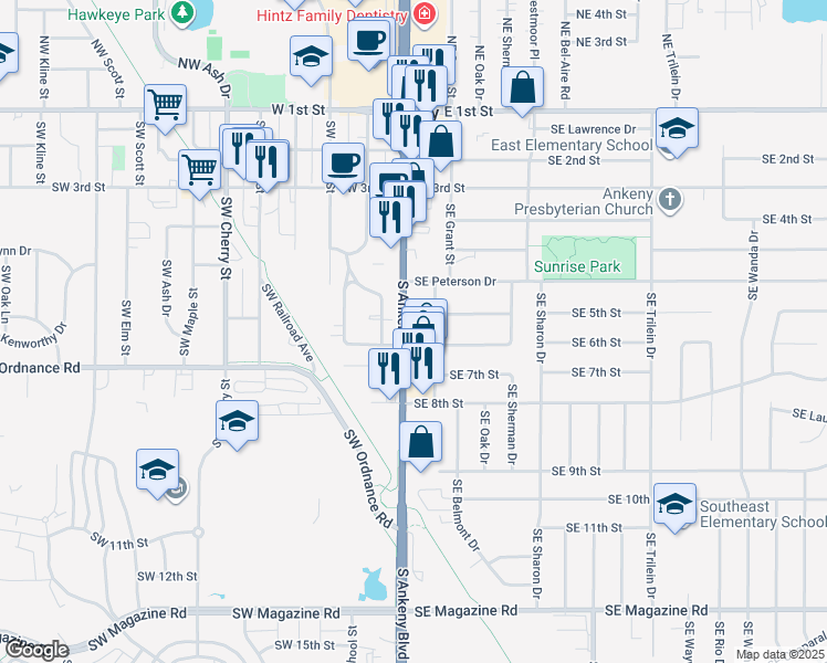 map of restaurants, bars, coffee shops, grocery stores, and more near 605 South Ankeny Boulevard in Ankeny