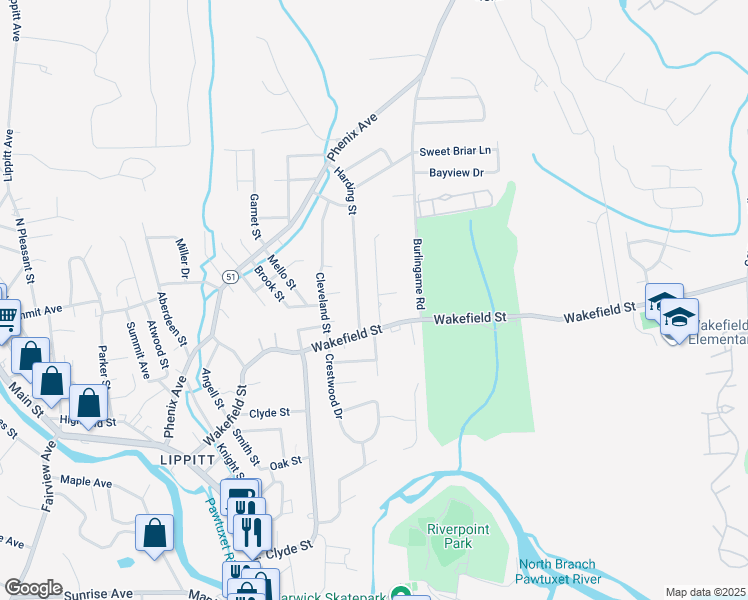 map of restaurants, bars, coffee shops, grocery stores, and more near 30 Hoover Street in West Warwick