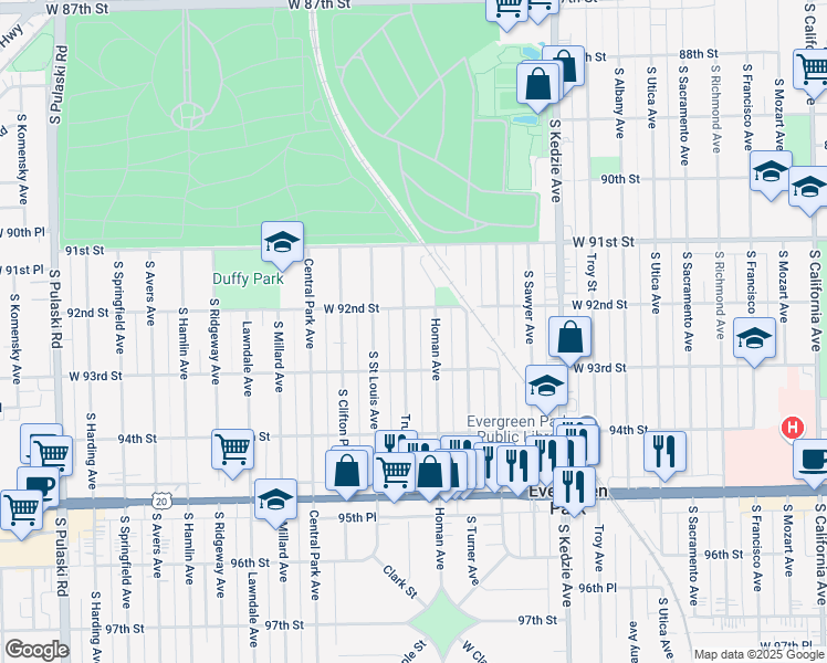 map of restaurants, bars, coffee shops, grocery stores, and more near 9219 South Trumbull Avenue in Evergreen Park