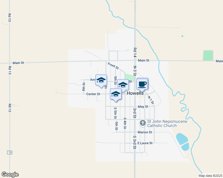 map of restaurants, bars, coffee shops, grocery stores, and more near 112-126 North 5th Street in Howells