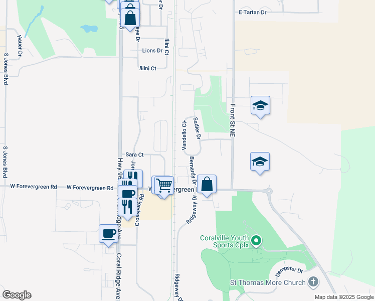 map of restaurants, bars, coffee shops, grocery stores, and more near 1620 Vandello Circle in North Liberty