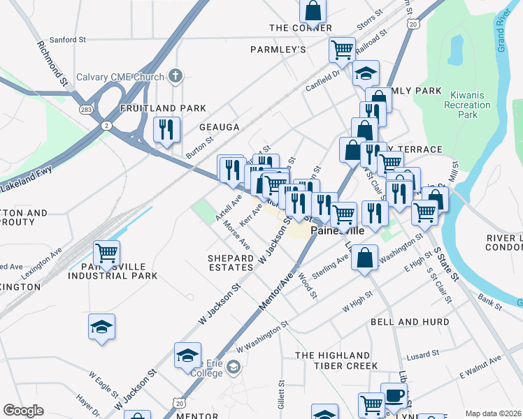 map of restaurants, bars, coffee shops, grocery stores, and more near 25 Kerr Avenue in Painesville