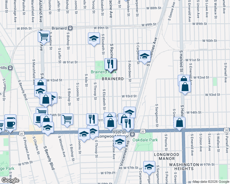 map of restaurants, bars, coffee shops, grocery stores, and more near 9247 South Racine Avenue in Chicago