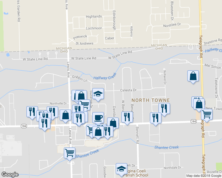 map of restaurants, bars, coffee shops, grocery stores, and more near 6003 Davida Drive in Toledo