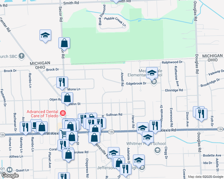 map of restaurants, bars, coffee shops, grocery stores, and more near 6047 Atwell Road in Toledo