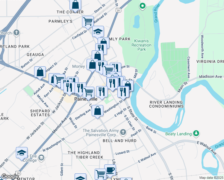 map of restaurants, bars, coffee shops, grocery stores, and more near 174 Main Street in Painesville