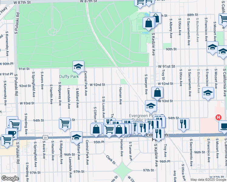map of restaurants, bars, coffee shops, grocery stores, and more near 9219 South Trumbull Avenue in Evergreen Park