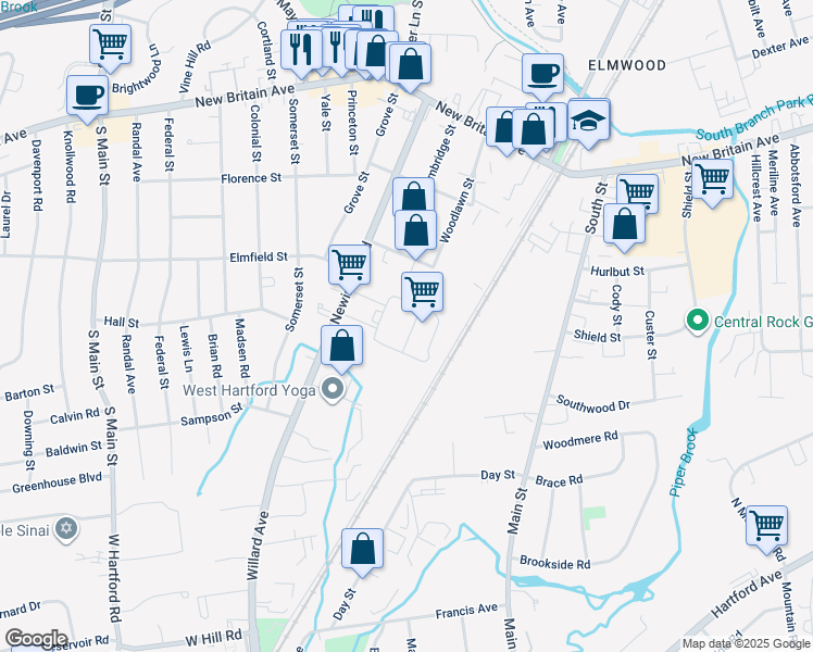 map of restaurants, bars, coffee shops, grocery stores, and more near 176 Newington Road in West Hartford