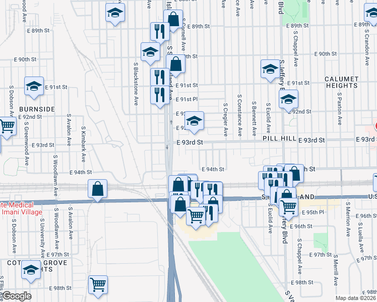 map of restaurants, bars, coffee shops, grocery stores, and more near 9315 South Cornell Avenue in Chicago