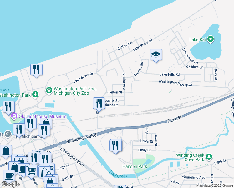 map of restaurants, bars, coffee shops, grocery stores, and more near 209 Felton Street in Michigan City