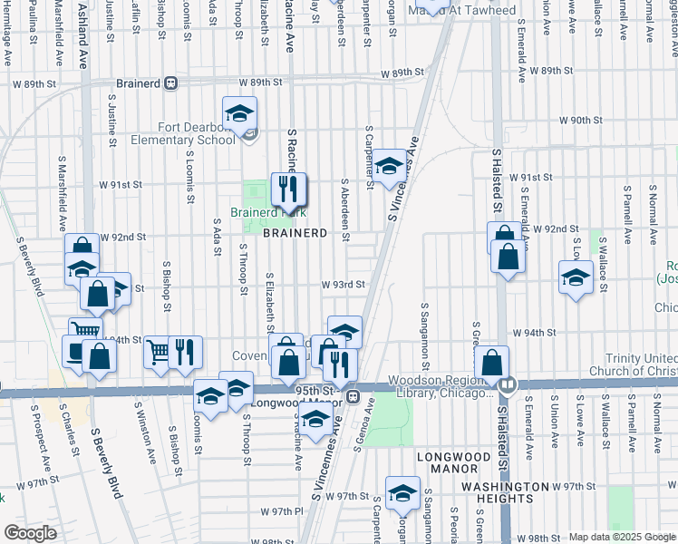 map of restaurants, bars, coffee shops, grocery stores, and more near 9246 South Aberdeen Street in Chicago