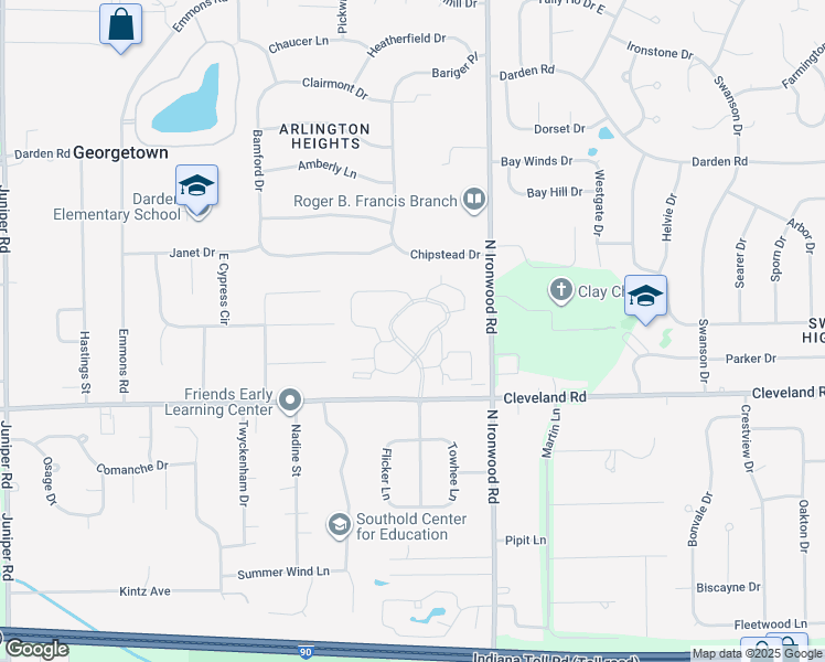 map of restaurants, bars, coffee shops, grocery stores, and more near The Royal Carriage Way in South Bend