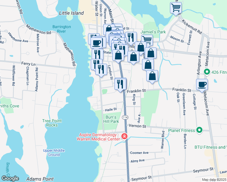 map of restaurants, bars, coffee shops, grocery stores, and more near 18 Longwharf Drive in Warren