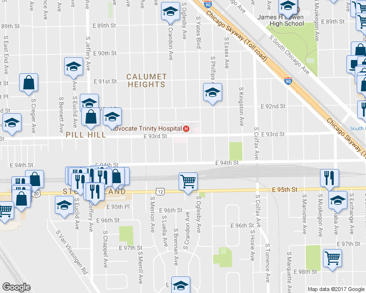map of restaurants, bars, coffee shops, grocery stores, and more near 9322 South Oglesby Avenue in Chicago