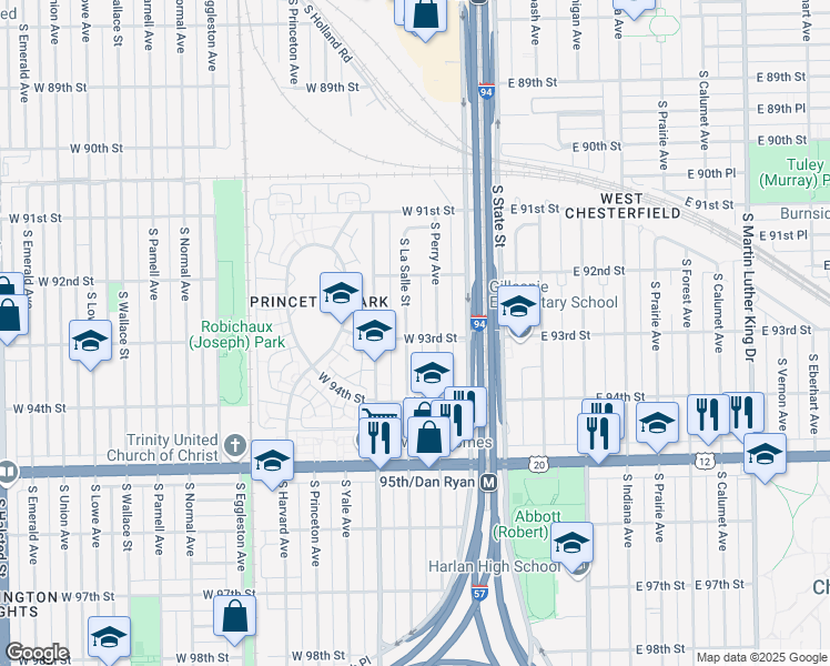 map of restaurants, bars, coffee shops, grocery stores, and more near 9259 South La Salle Street in Chicago