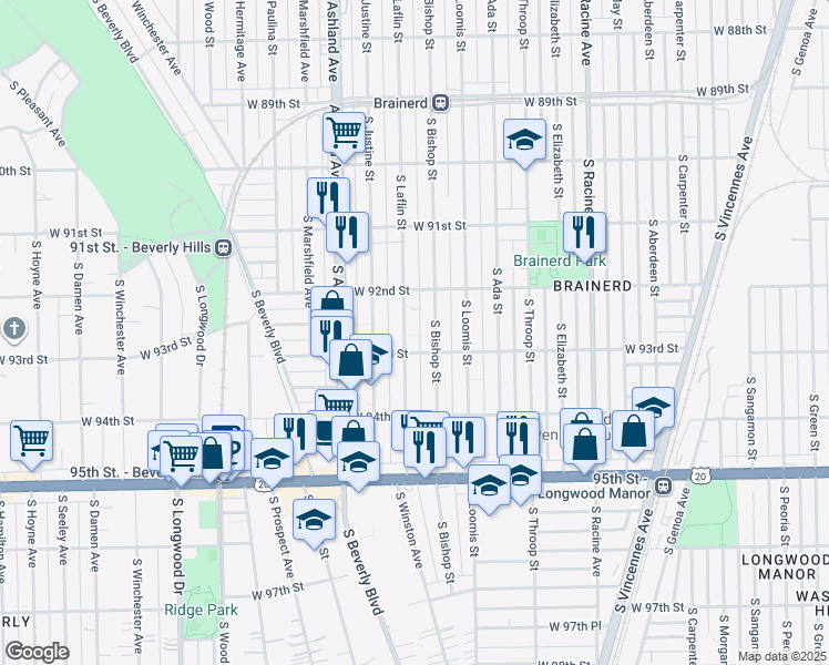 map of restaurants, bars, coffee shops, grocery stores, and more near 9241 South Laflin Street in Chicago