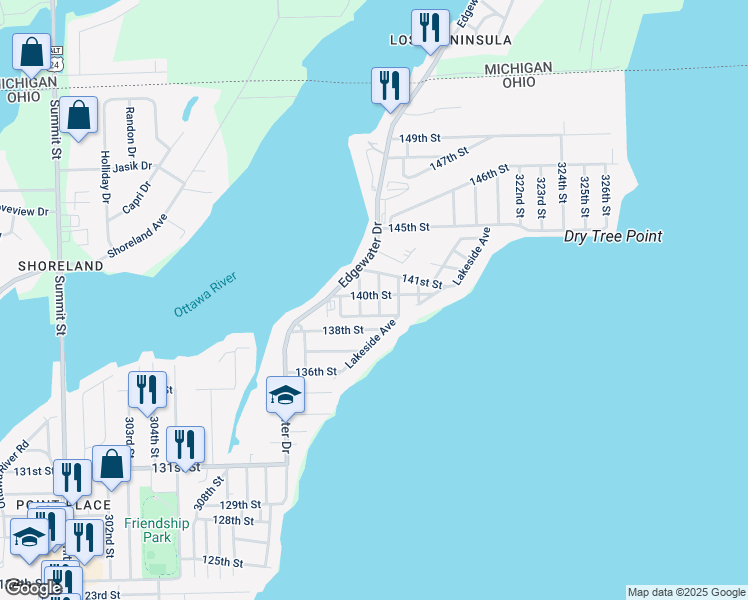 map of restaurants, bars, coffee shops, grocery stores, and more near 5855 316th Street in Toledo
