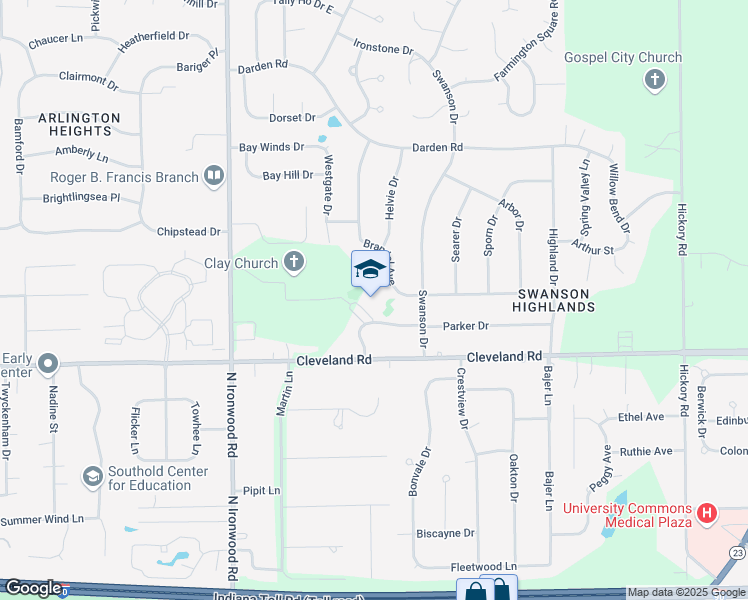 map of restaurants, bars, coffee shops, grocery stores, and more near 17677 Parker Drive in South Bend