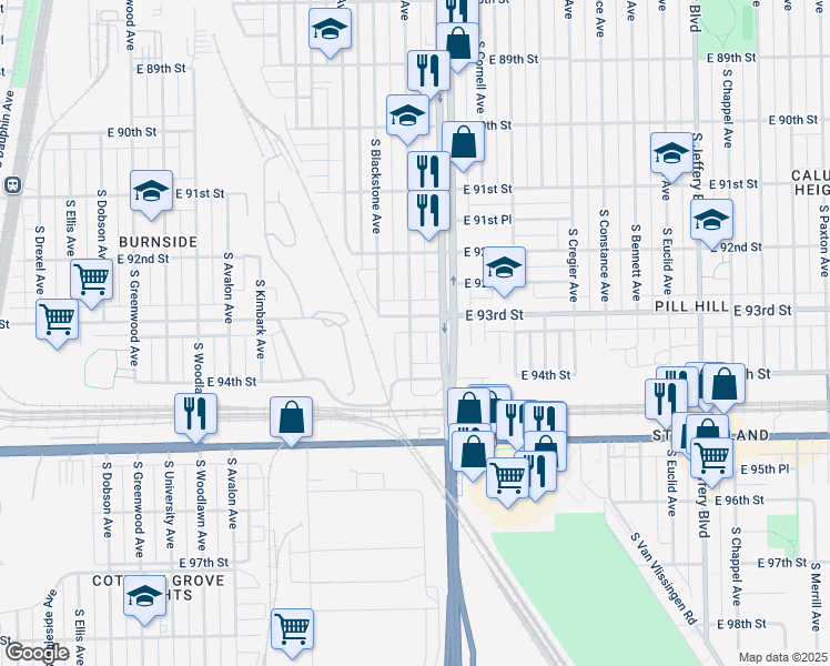 map of restaurants, bars, coffee shops, grocery stores, and more near 9315 South Harper Avenue in Chicago