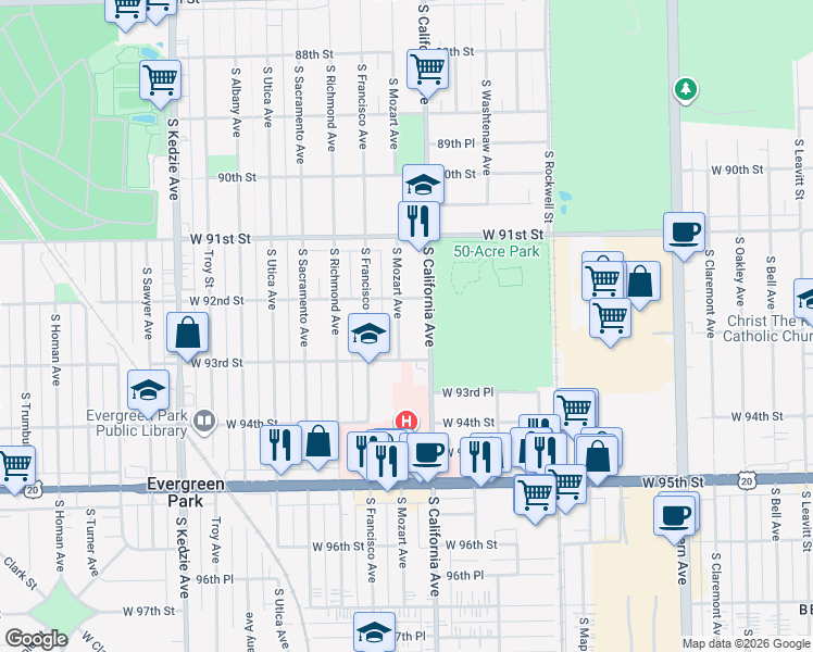 map of restaurants, bars, coffee shops, grocery stores, and more near 9231 South Mozart Avenue in Evergreen Park