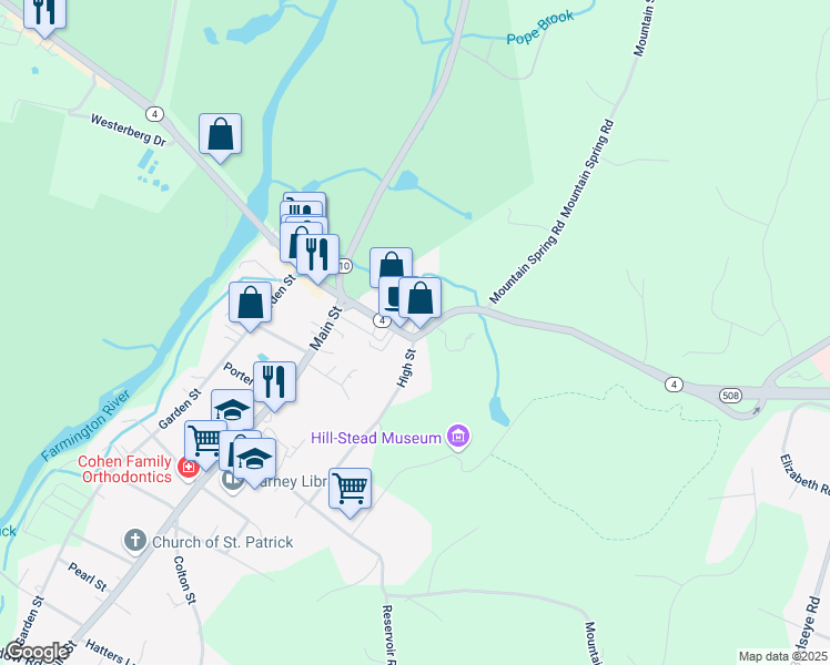 map of restaurants, bars, coffee shops, grocery stores, and more near 768 Farmington Avenue in Farmington