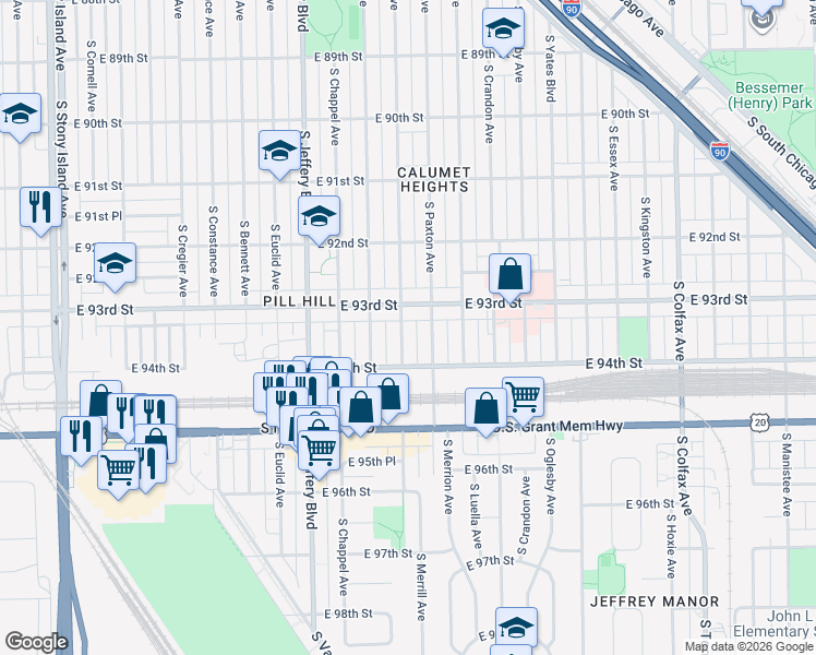 map of restaurants, bars, coffee shops, grocery stores, and more near 9319 South Merrill Avenue in Chicago