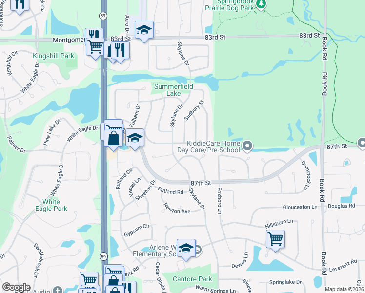 map of restaurants, bars, coffee shops, grocery stores, and more near 2612 Whitehall Lane in Naperville