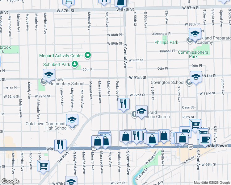 map of restaurants, bars, coffee shops, grocery stores, and more near 9140 Parkside Avenue in Oak Lawn