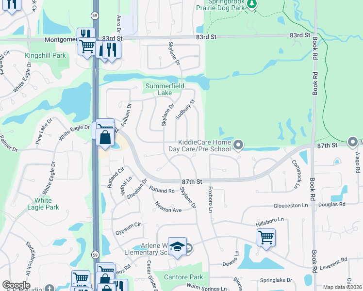 map of restaurants, bars, coffee shops, grocery stores, and more near 2612 Whitehall Lane in Naperville