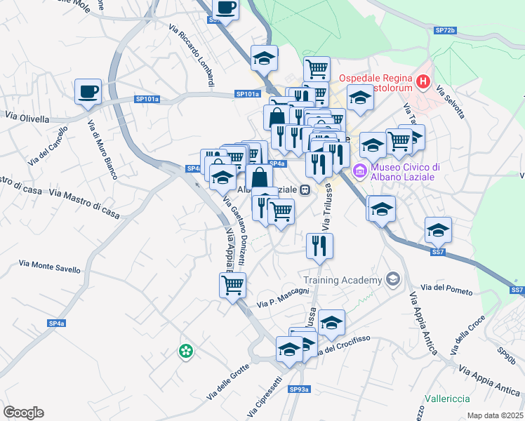map of restaurants, bars, coffee shops, grocery stores, and more near 46 Via G. Rossini in Albano Laziale