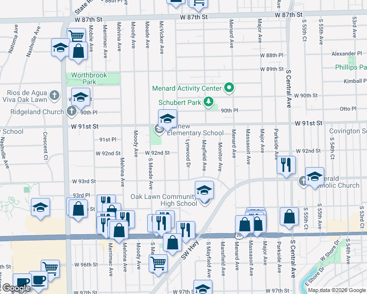 map of restaurants, bars, coffee shops, grocery stores, and more near 9031 Lynwood Drive in Oak Lawn