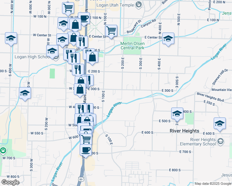 map of restaurants, bars, coffee shops, grocery stores, and more near 158 East 300 South in Logan