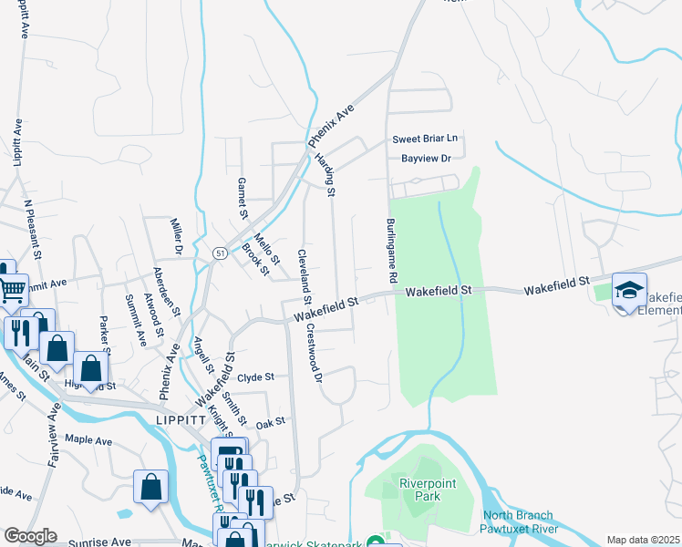 map of restaurants, bars, coffee shops, grocery stores, and more near 30 Hoover Street in West Warwick