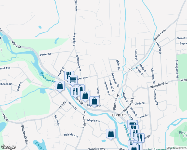 map of restaurants, bars, coffee shops, grocery stores, and more near 73 Summit Avenue in West Warwick