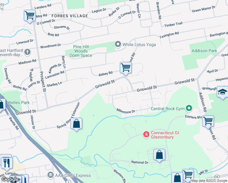 map of restaurants, bars, coffee shops, grocery stores, and more near 2 Boxwood Lane in Glastonbury