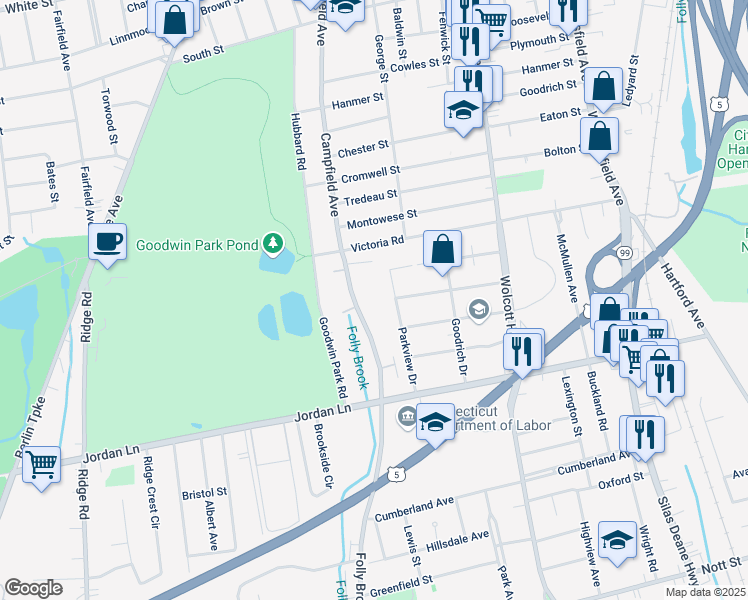 map of restaurants, bars, coffee shops, grocery stores, and more near 50 Folly Brook Boulevard in Wethersfield
