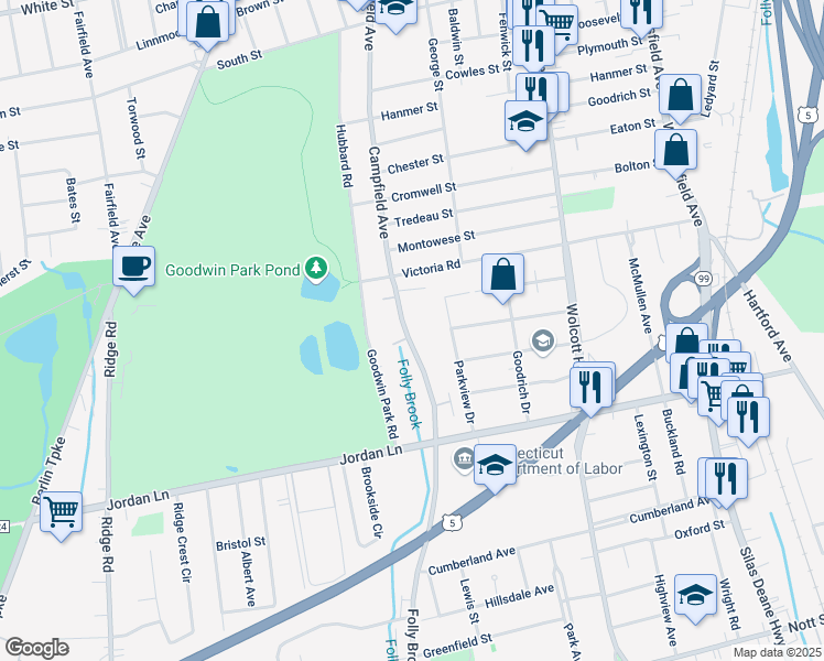 map of restaurants, bars, coffee shops, grocery stores, and more near 50 Folly Brook Boulevard in Wethersfield
