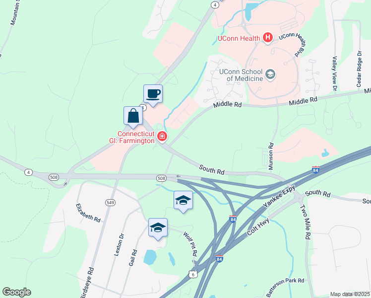 map of restaurants, bars, coffee shops, grocery stores, and more near 45 South Road in Farmington