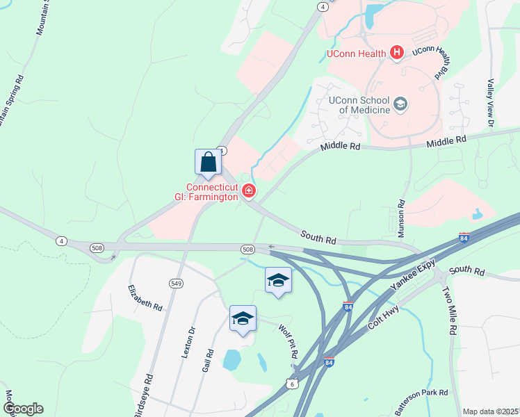 map of restaurants, bars, coffee shops, grocery stores, and more near 45 South Road in Farmington